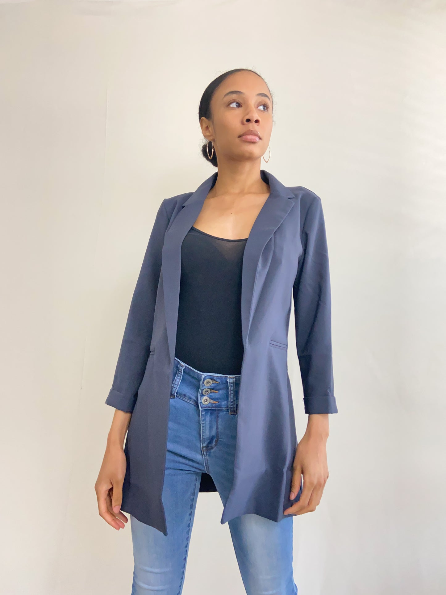 Classic Charcoal Navy Long Blazer